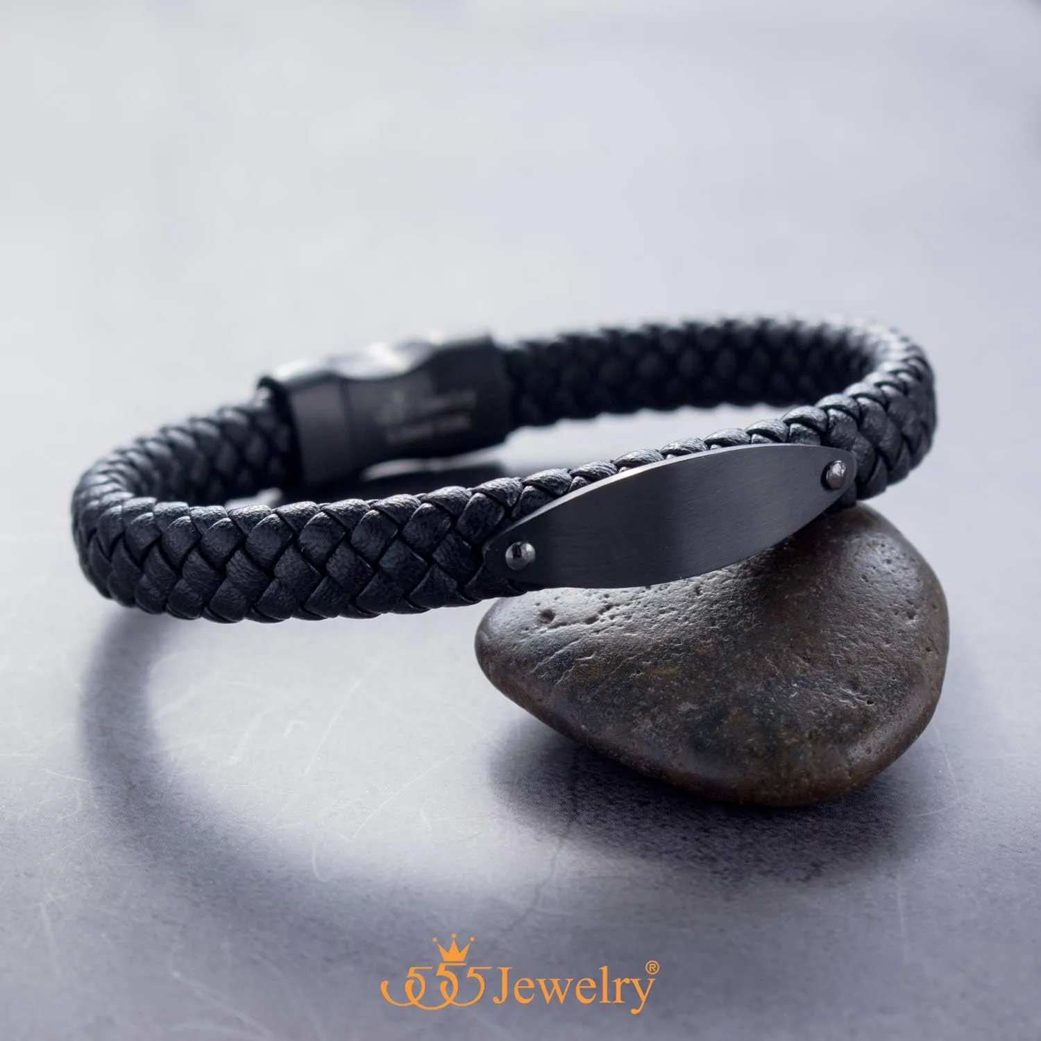 555Jewelry Stainless Steel Braided Wrap Leather Plate Cord Magnet Lock Bracelet