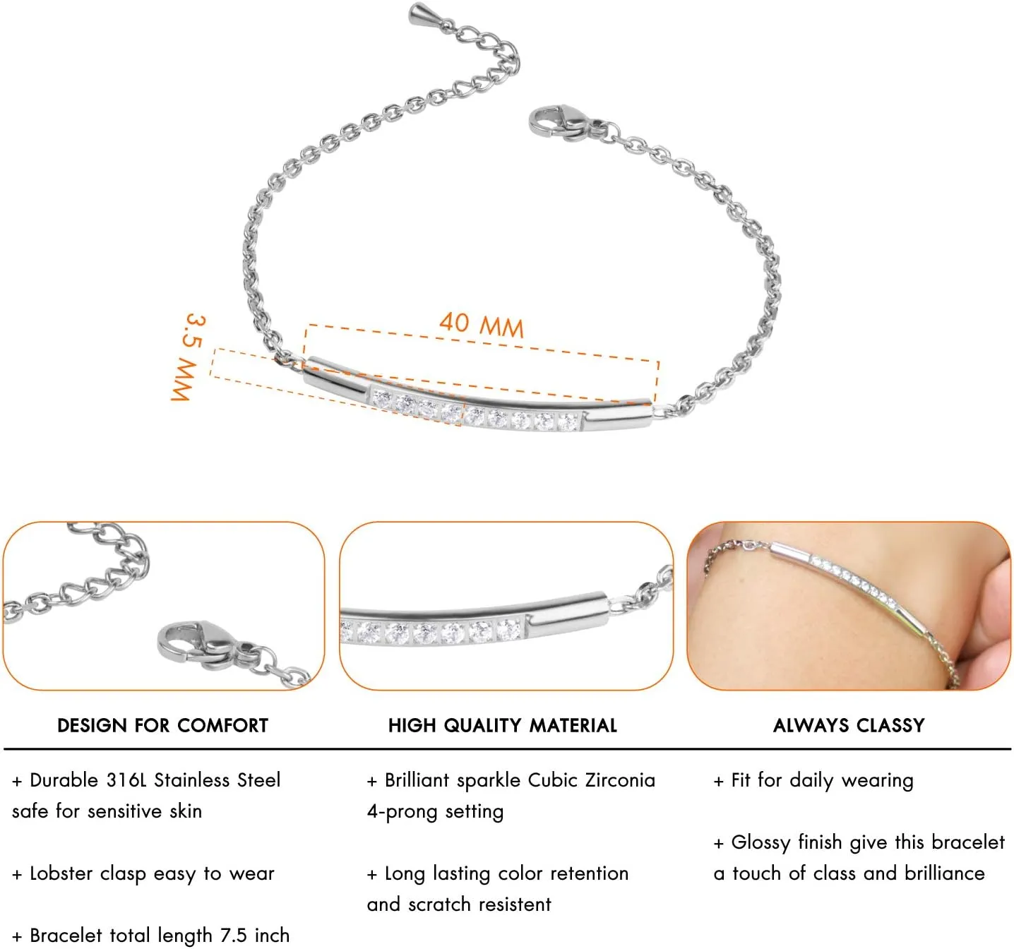 555Jewelry Womens Sparkly Cubic Zirconia Cylinder Bar Stainless Steel Bracelet