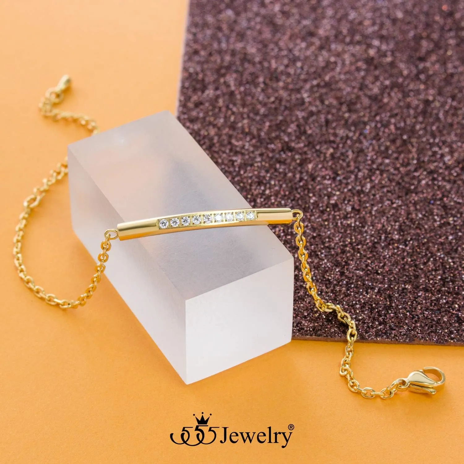 555Jewelry Womens Sparkly Cubic Zirconia Cylinder Bar Stainless Steel Bracelet