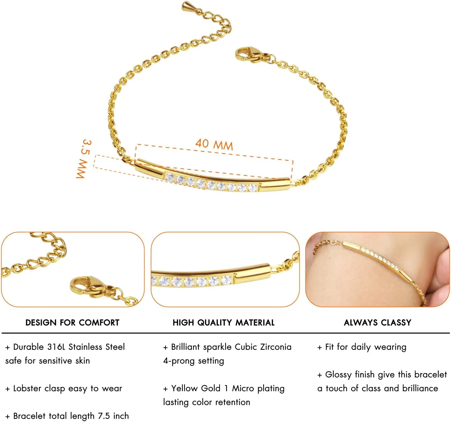 555Jewelry Womens Sparkly Cubic Zirconia Cylinder Bar Stainless Steel Bracelet