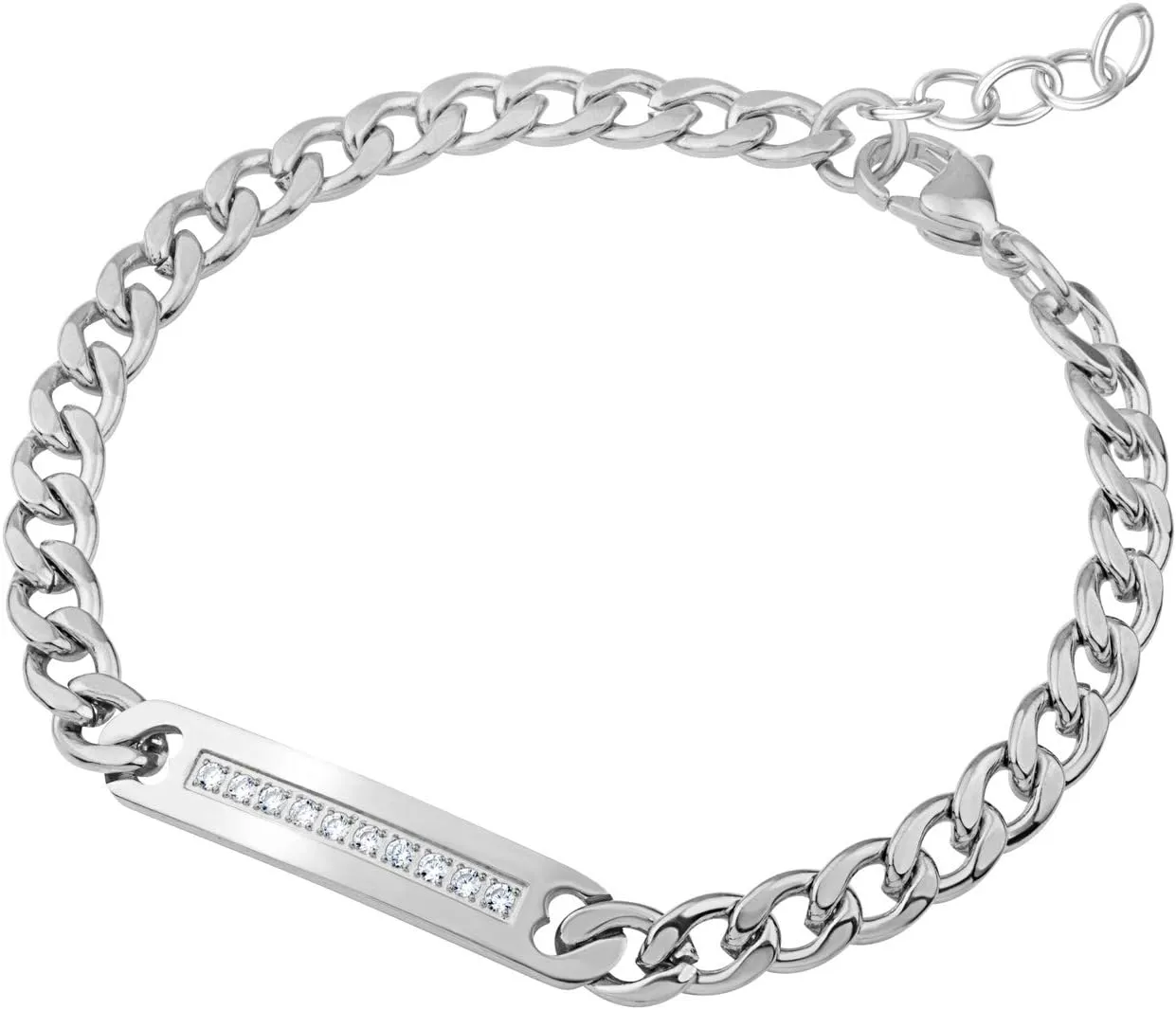 555Jewelry Womens Stainless Steel Chain Link Plate Bar CZ Studded Bracelet