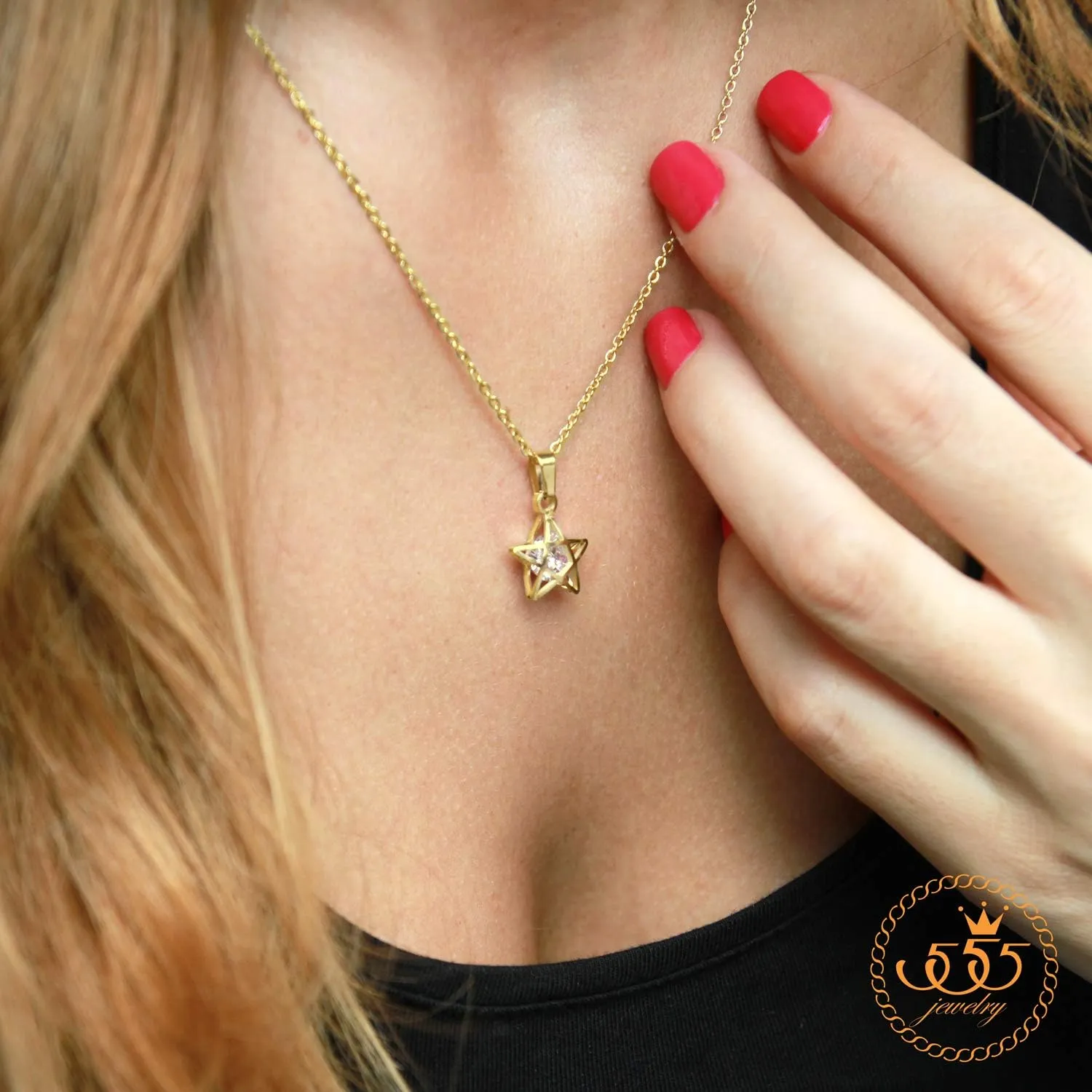 555Jewelry Womens Stainless Steel Star Cubic Zirconia Minimal Pendant Necklace
