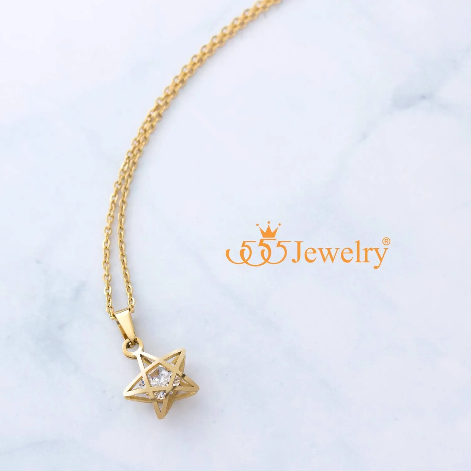 555Jewelry Womens Stainless Steel Star Cubic Zirconia Minimal Pendant Necklace