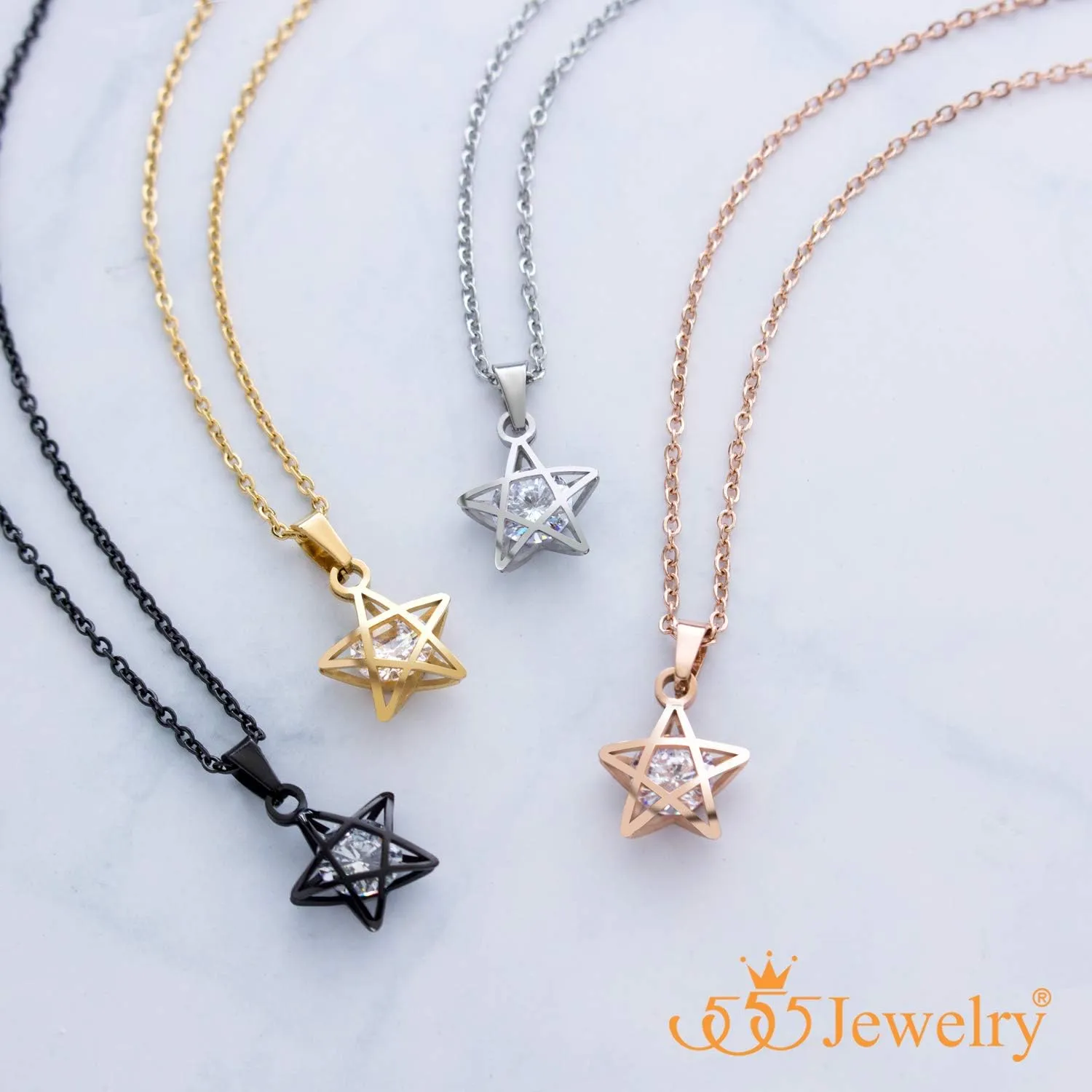 555Jewelry Womens Stainless Steel Star Cubic Zirconia Minimal Pendant Necklace