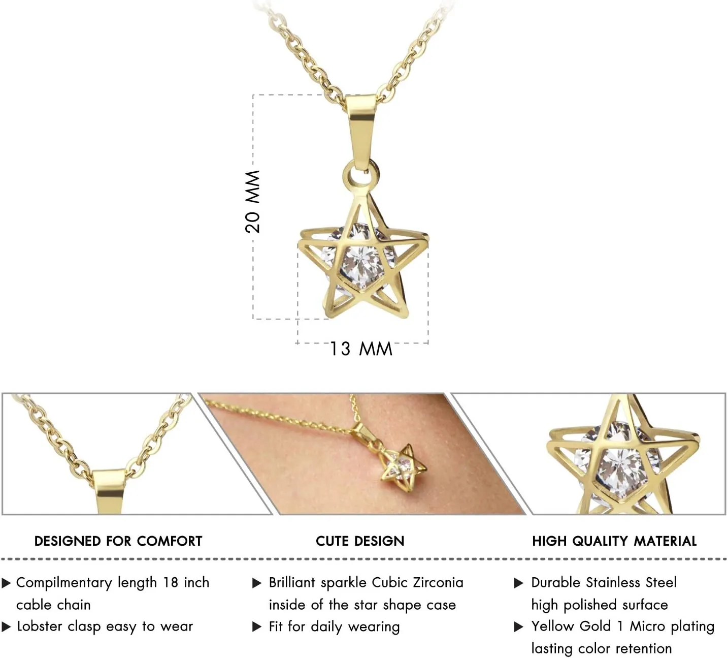 555Jewelry Womens Stainless Steel Star Cubic Zirconia Minimal Pendant Necklace