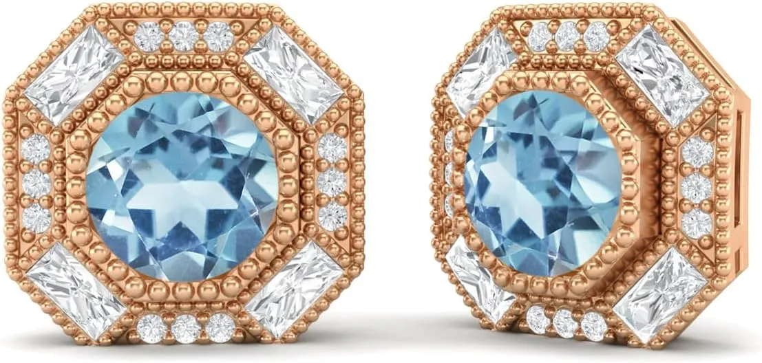 6mm Round Aquamarine 925 Sterling Silver Hexagon Minimal Minimalist Women Stud Earrings