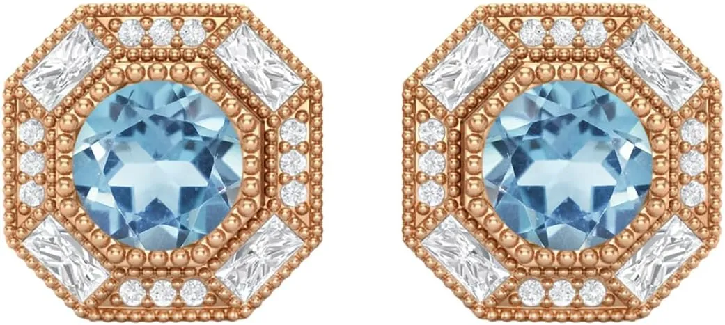 6mm Round Aquamarine 925 Sterling Silver Hexagon Minimal Minimalist Women Stud Earrings