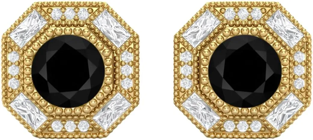 6mm Round Shape Black Spinel 925 Sterling Silver Hexagon Minimal Minimalist Women Stud Earrings