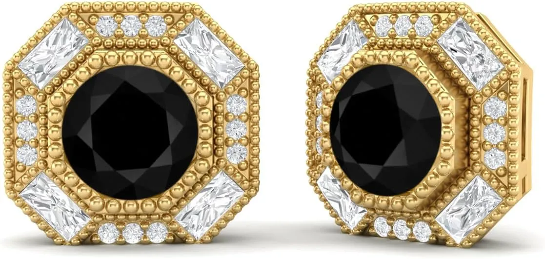 6mm Round Shape Black Spinel 925 Sterling Silver Hexagon Minimal Minimalist Women Stud Earrings