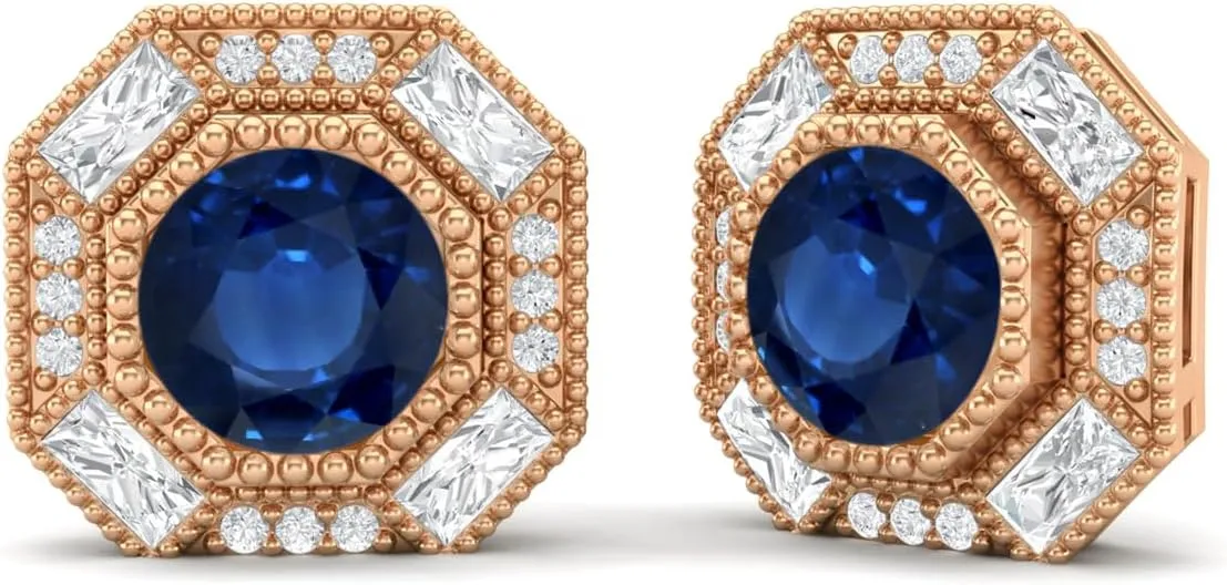 6mm Round Shape Blue Sapphire 925 Sterling Silver Hexagon Minimal Minimalist Women Stud Earrings