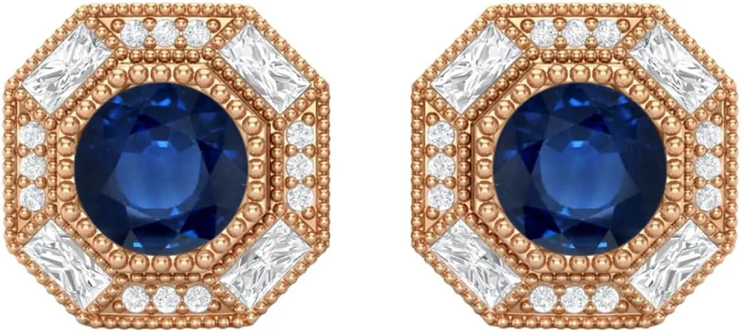 6mm Round Shape Blue Sapphire 925 Sterling Silver Hexagon Minimal Minimalist Women Stud Earrings