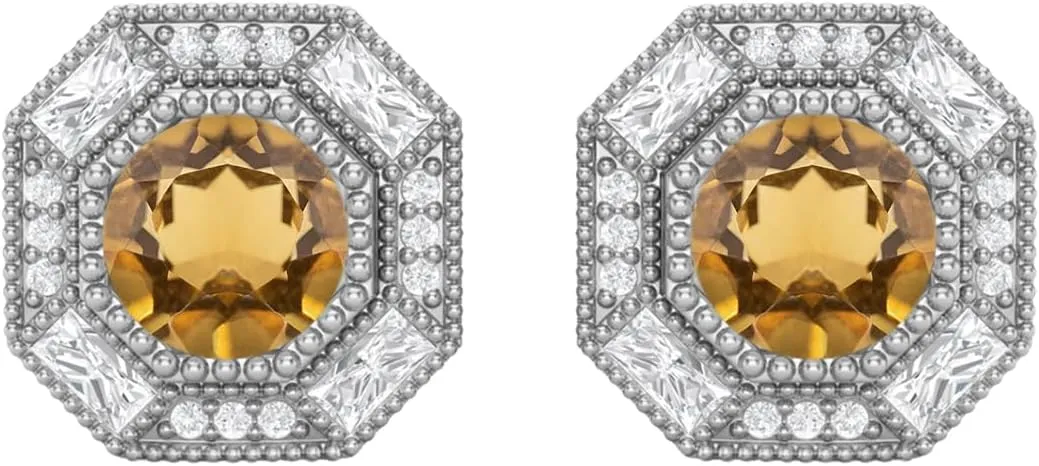 6mm Round Shape Citrine 925 Sterling Silver Hexagon Minimal Minimalist Women Stud Earrings