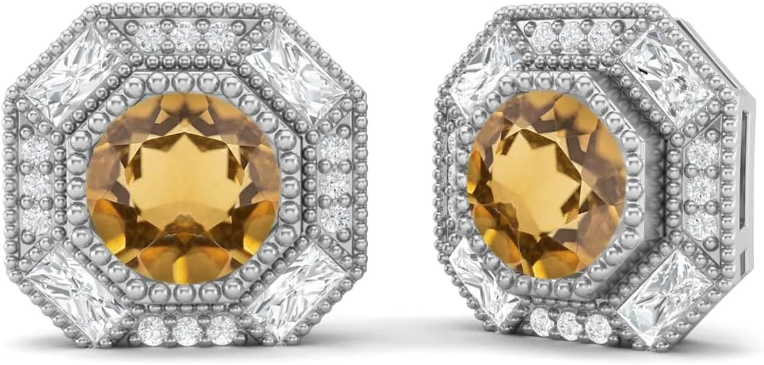 6mm Round Shape Citrine 925 Sterling Silver Hexagon Minimal Minimalist Women Stud Earrings