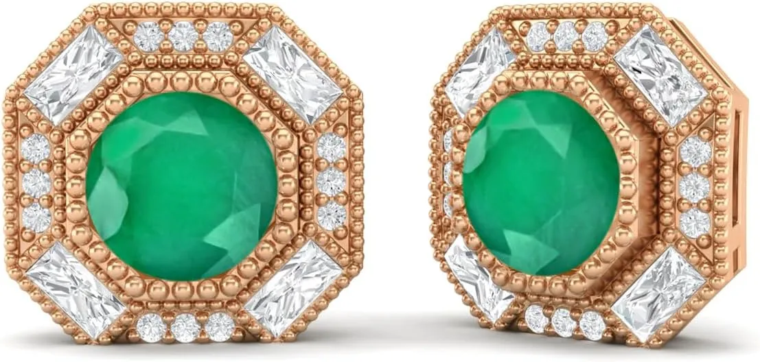 6mm Round Shape Emerald 925 Sterling Silver Hexagon Minimal Minimalist Women Stud Earrings