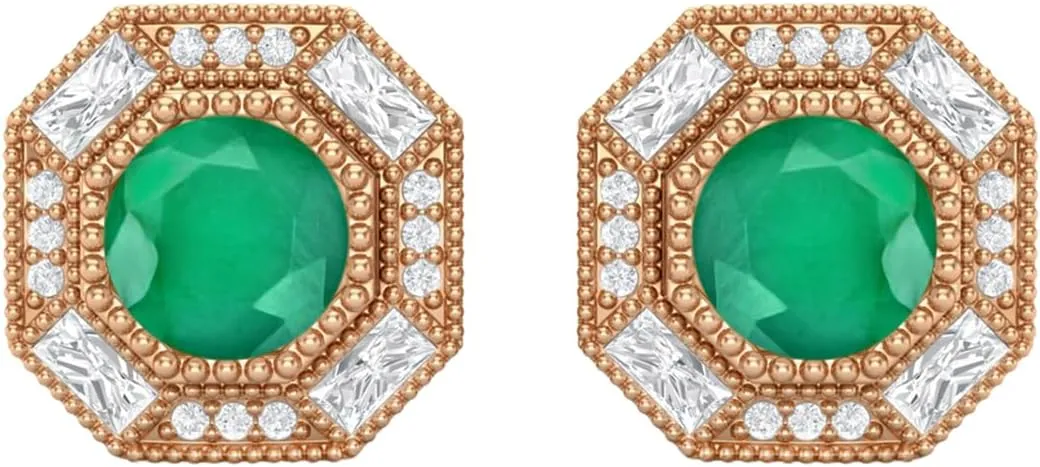 6mm Round Shape Emerald 925 Sterling Silver Hexagon Minimal Minimalist Women Stud Earrings