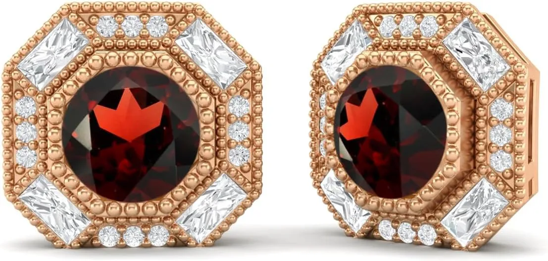 6mm Round Shape Garnet 925 Sterling Silver Hexagon Minimal Minimalist Women Stud Earrings