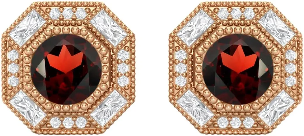 6mm Round Shape Garnet 925 Sterling Silver Hexagon Minimal Minimalist Women Stud Earrings