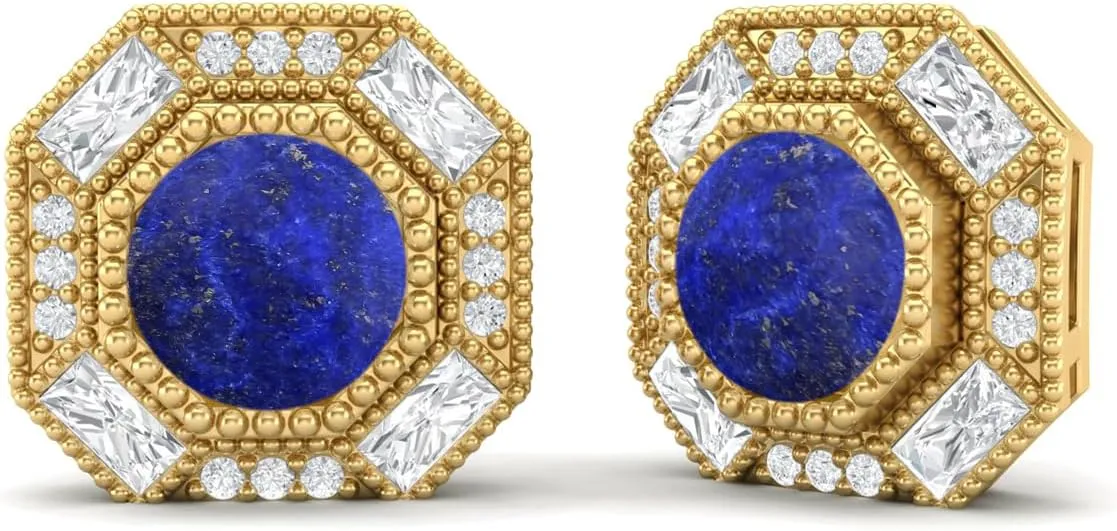 6mm Round Shape Lapis 925 Sterling Silver Hexagon Minimal Minimalist Women Stud Earrings