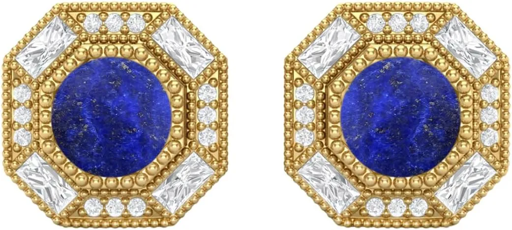 6mm Round Shape Lapis 925 Sterling Silver Hexagon Minimal Minimalist Women Stud Earrings