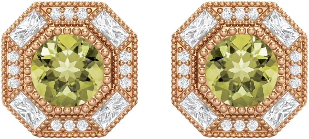6mm Round Shape Lemon Quartz 925 Sterling Silver Hexagon Minimal Minimalist Women Stud Earrings
