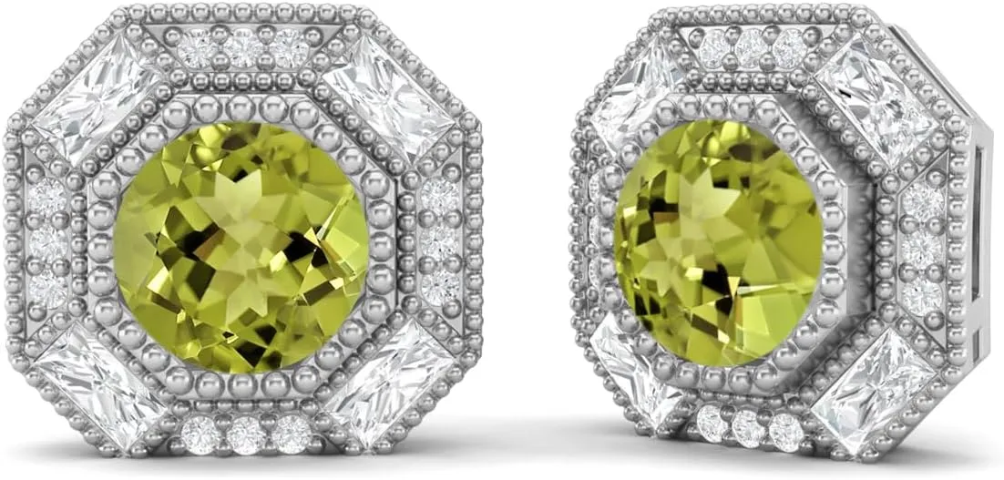 6mm Round Shape Peridot 925 Sterling Silver Hexagon Minimal Minimalist Women Stud Earrings