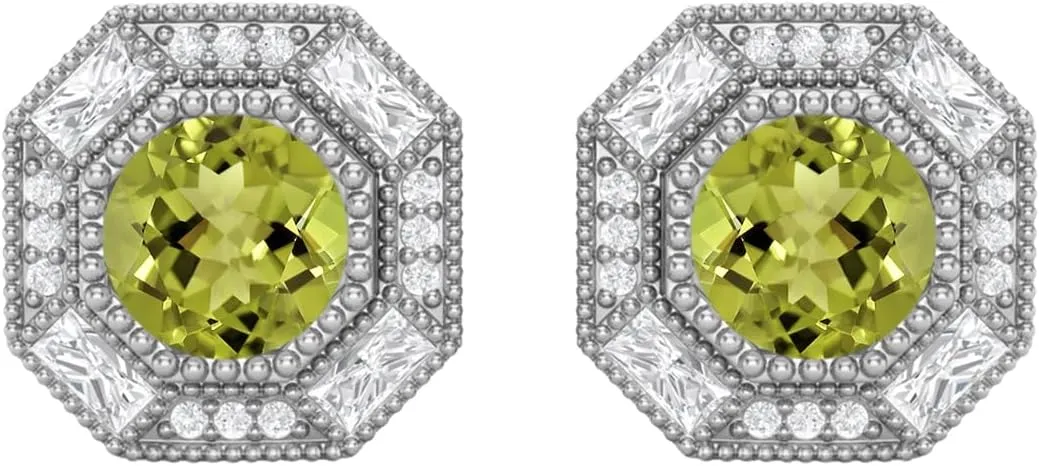 6mm Round Shape Peridot 925 Sterling Silver Hexagon Minimal Minimalist Women Stud Earrings