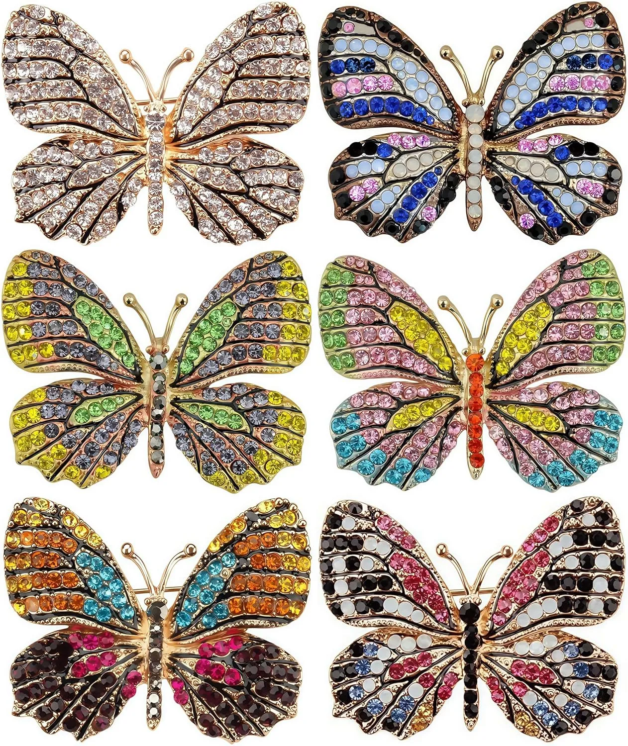 6PCS Multicolor butterfly brooch pins for women fashion butterfly brooches Lapel pins set Crystal Rhinestone Ladies Gorgeous Butterfly Brooch for Bride, Prom, Bridal