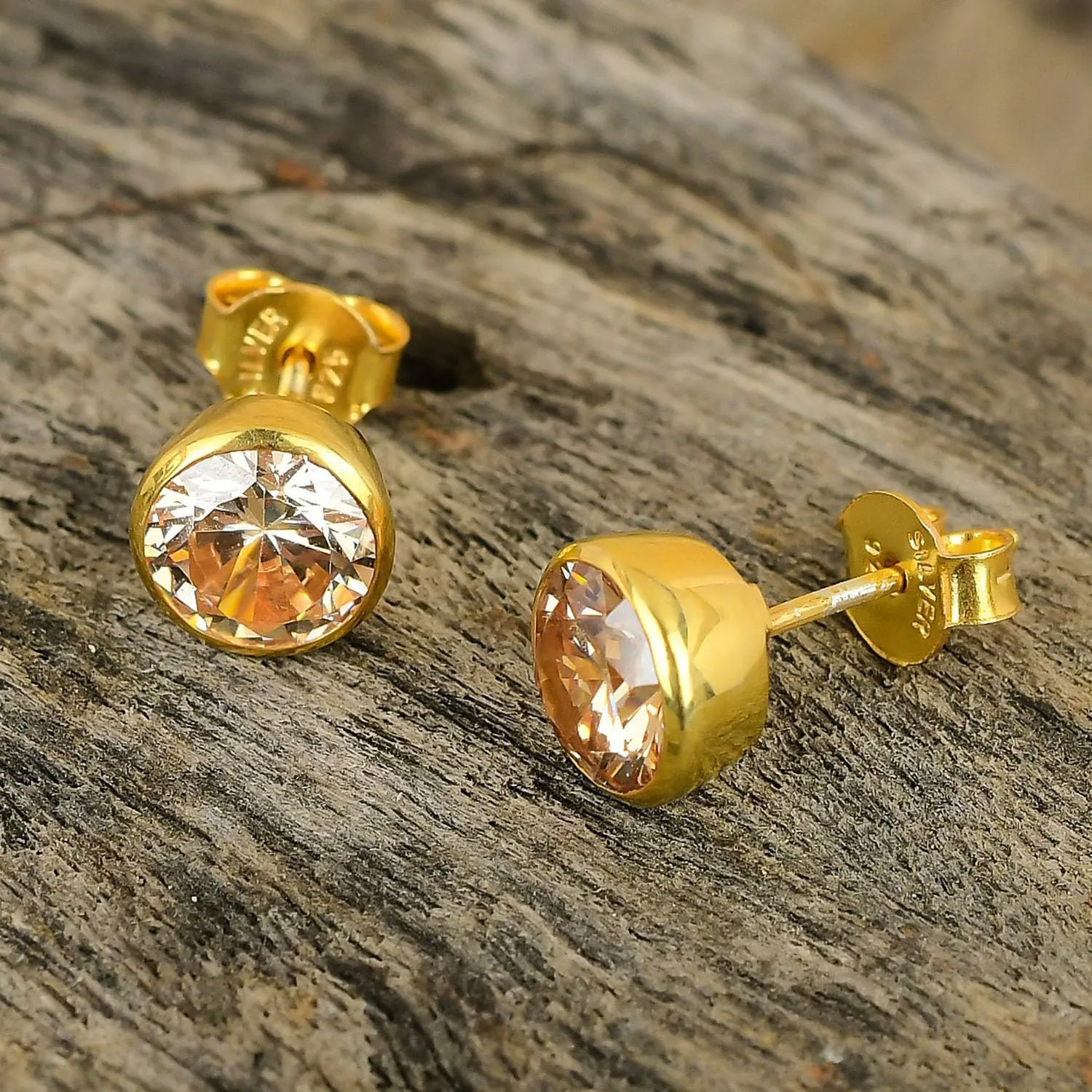 925 Silver Gold Plated Handmade Stud Earrings For woman & girls | Golden Topaz Gemstone Romantic Earrings for Party | 8 mm Round Stone