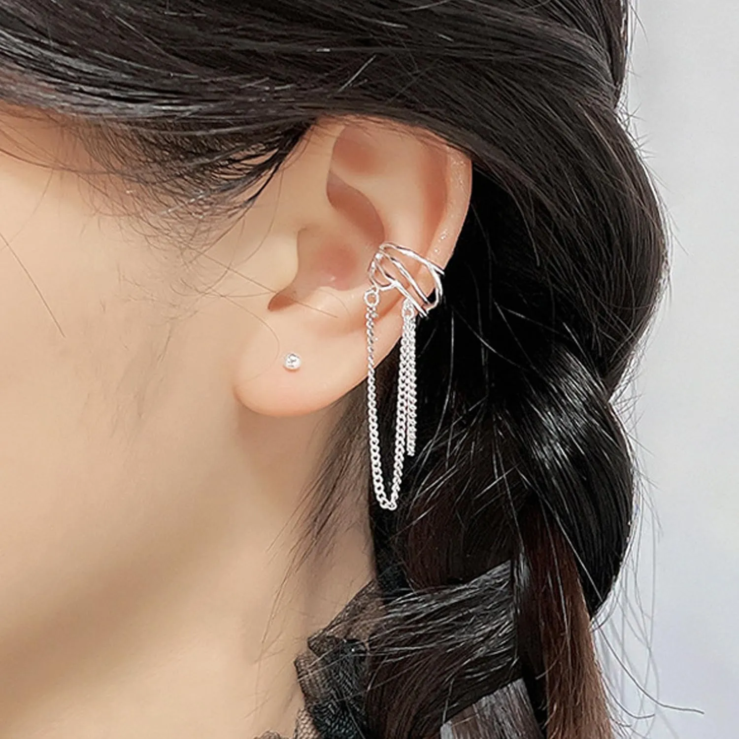 925 Sterling Silver Cuff Chain Earrings for Women No Piercing Minimalist Helix Cartilage Tassel Ear Clip