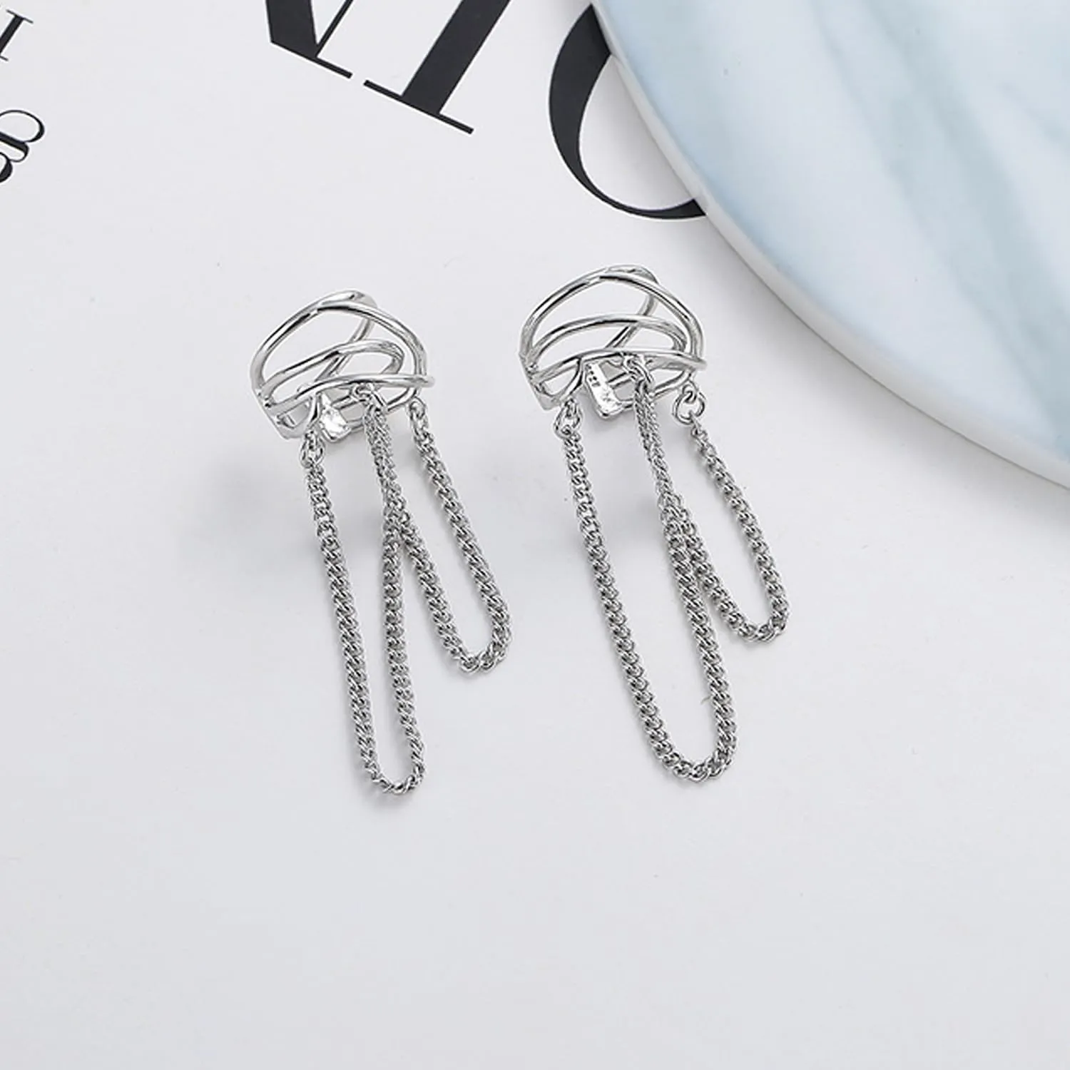 925 Sterling Silver Cuff Chain Earrings for Women No Piercing Minimalist Helix Cartilage Tassel Ear Clip