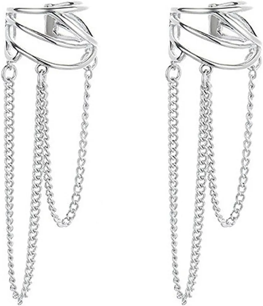 925 Sterling Silver Cuff Chain Earrings for Women No Piercing Minimalist Helix Cartilage Tassel Ear Clip