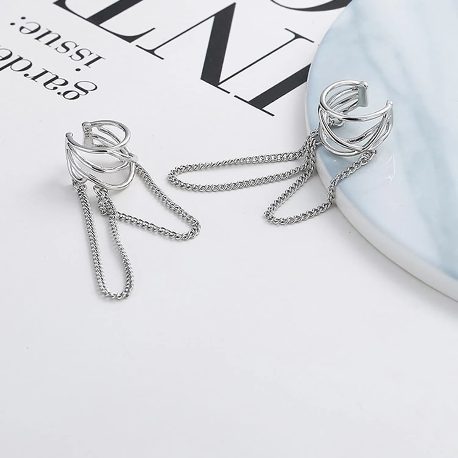 925 Sterling Silver Cuff Chain Earrings for Women No Piercing Minimalist Helix Cartilage Tassel Ear Clip