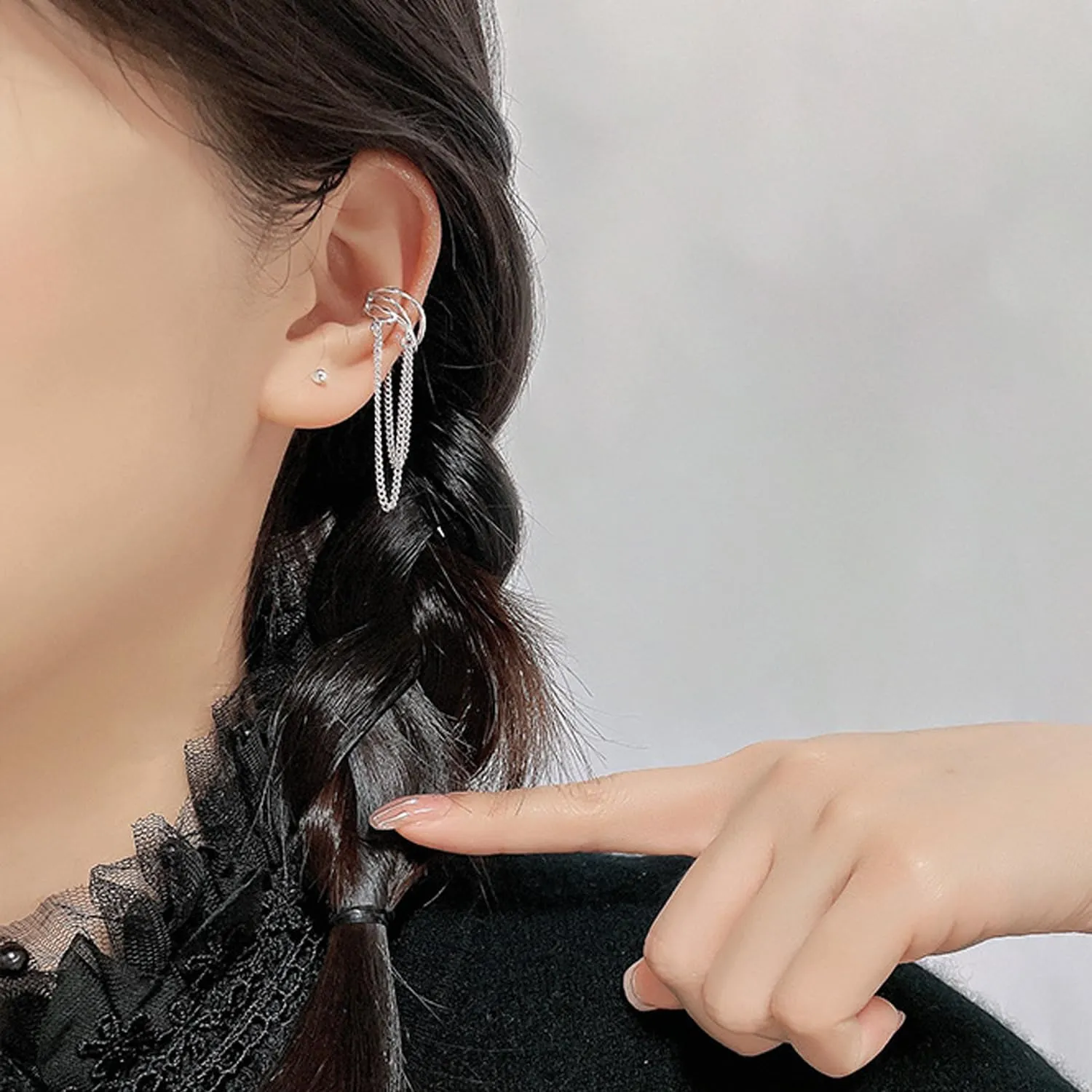 925 Sterling Silver Cuff Chain Earrings for Women No Piercing Minimalist Helix Cartilage Tassel Ear Clip