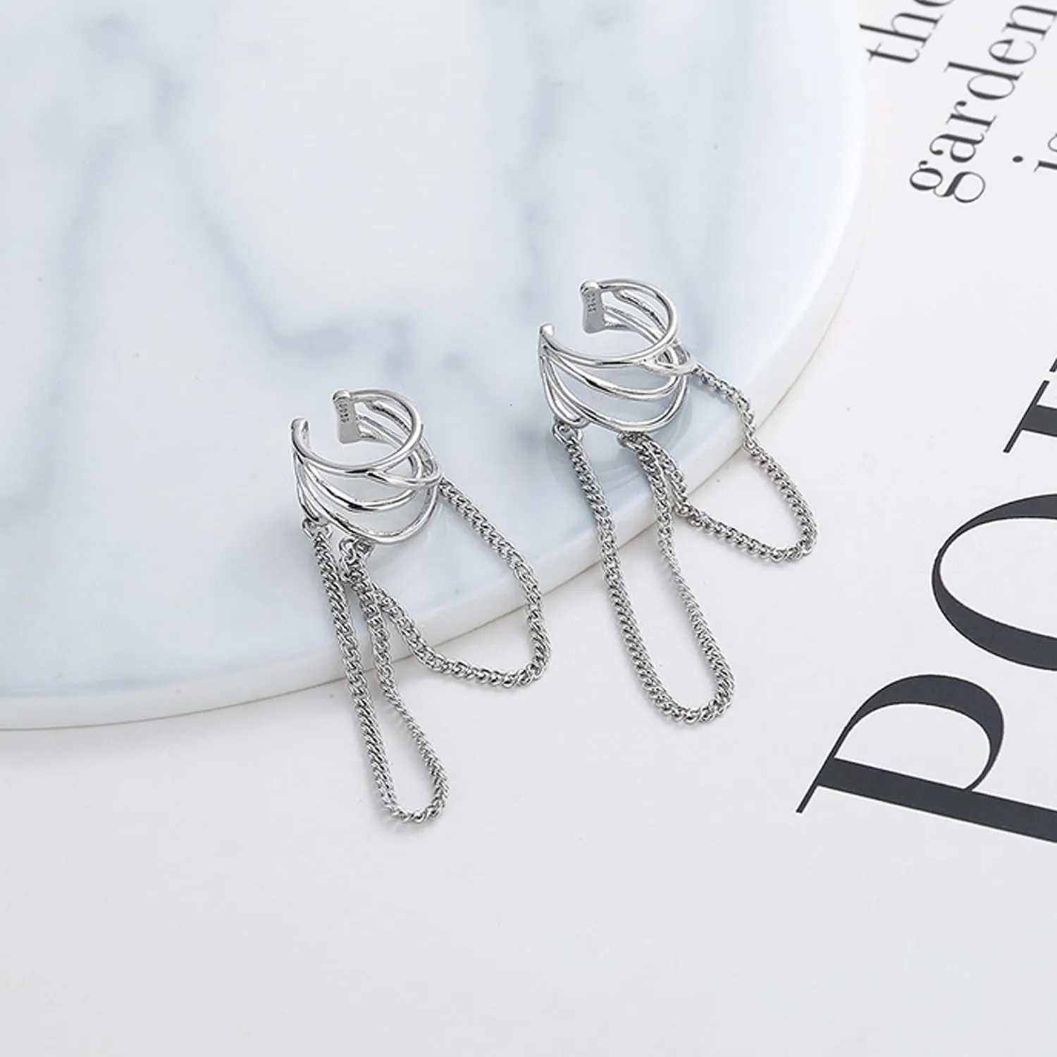 925 Sterling Silver Cuff Chain Earrings for Women No Piercing Minimalist Helix Cartilage Tassel Ear Clip
