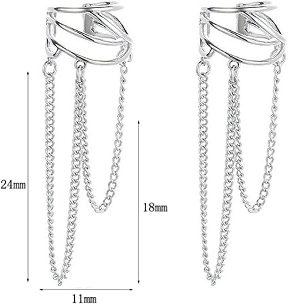 925 Sterling Silver Cuff Chain Earrings for Women No Piercing Minimalist Helix Cartilage Tassel Ear Clip