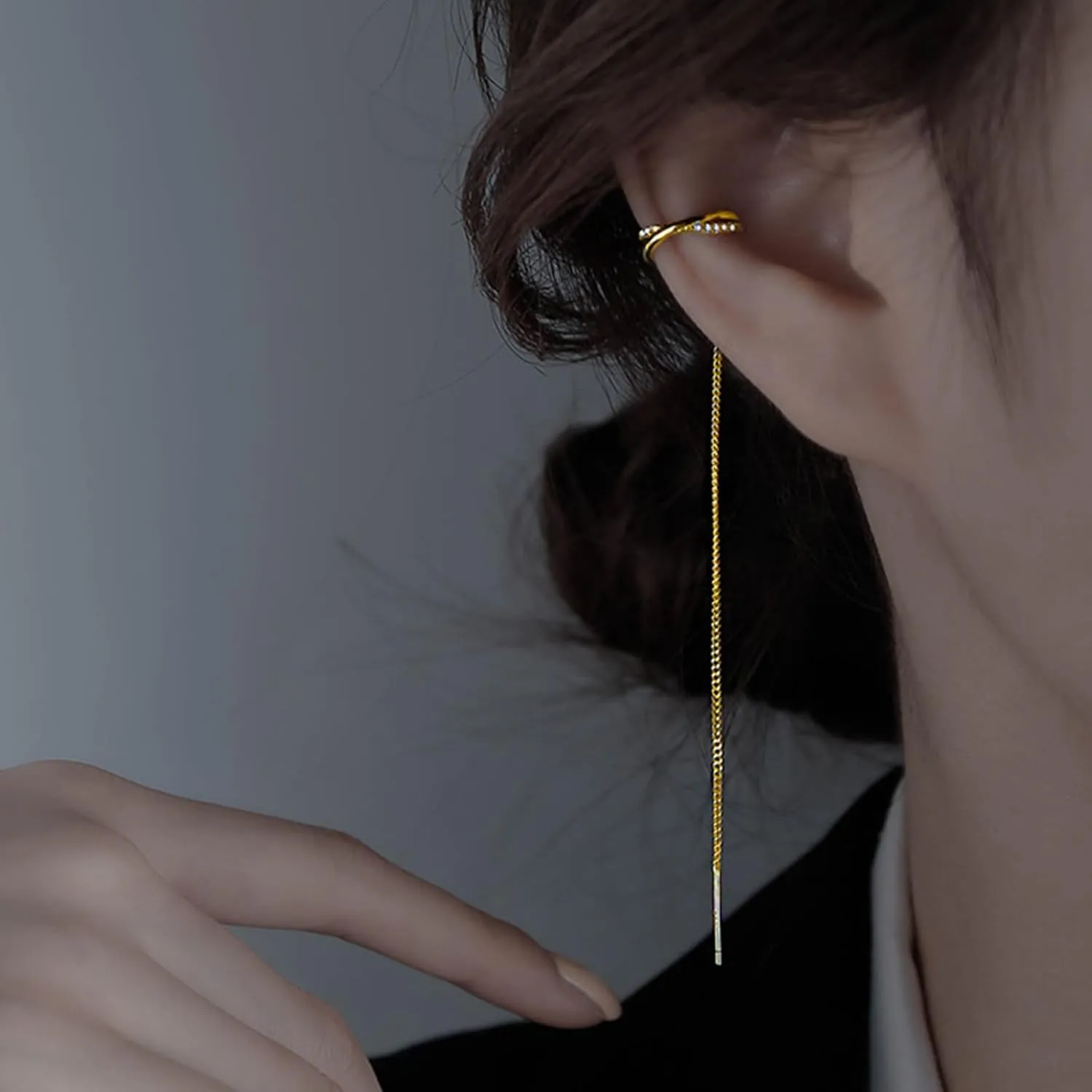 925 Sterling Silver Cuff Chain Earrings Wrap Tassel Earrings for Women Long Threader Earring Dangly Double Piercing Jewelry