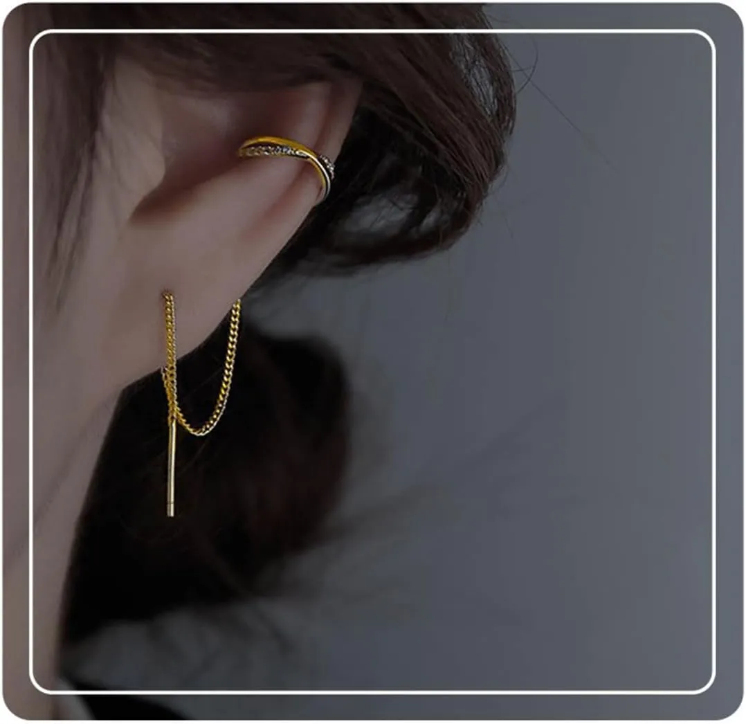 925 Sterling Silver Cuff Chain Earrings Wrap Tassel Earrings for Women Long Threader Earring Dangly Double Piercing Jewelry