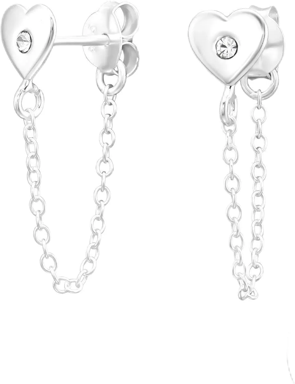 925 Sterling Silver Heart Ear Cuffs with Dangle Chain and Crystals