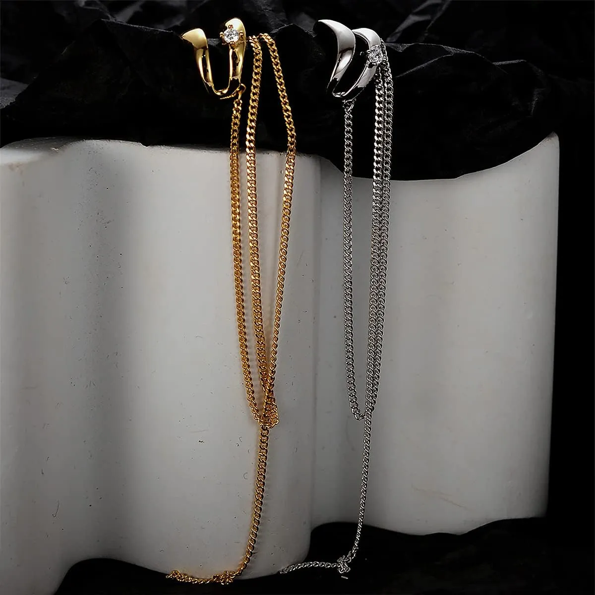 925 Sterling Silver Long Tassel Earrings for Women Dainty Cubic Zirconia Hollowed Double-layer Ear Bone Clamp with Curb Chain