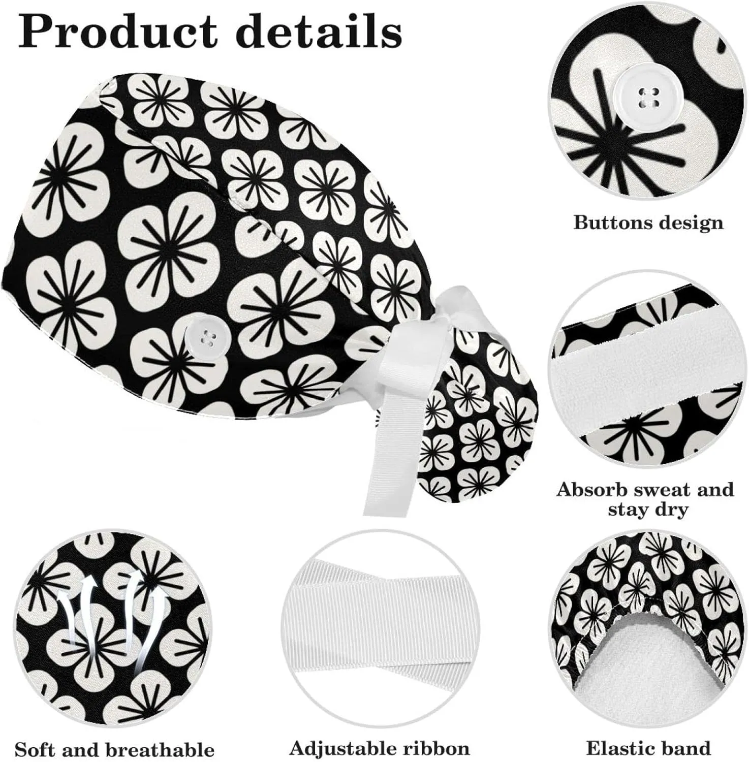 Abstract Glitters Black Scrub Caps Surgical Women with Button Adjustable Hats Surgical Caps with Scrunchie for Women