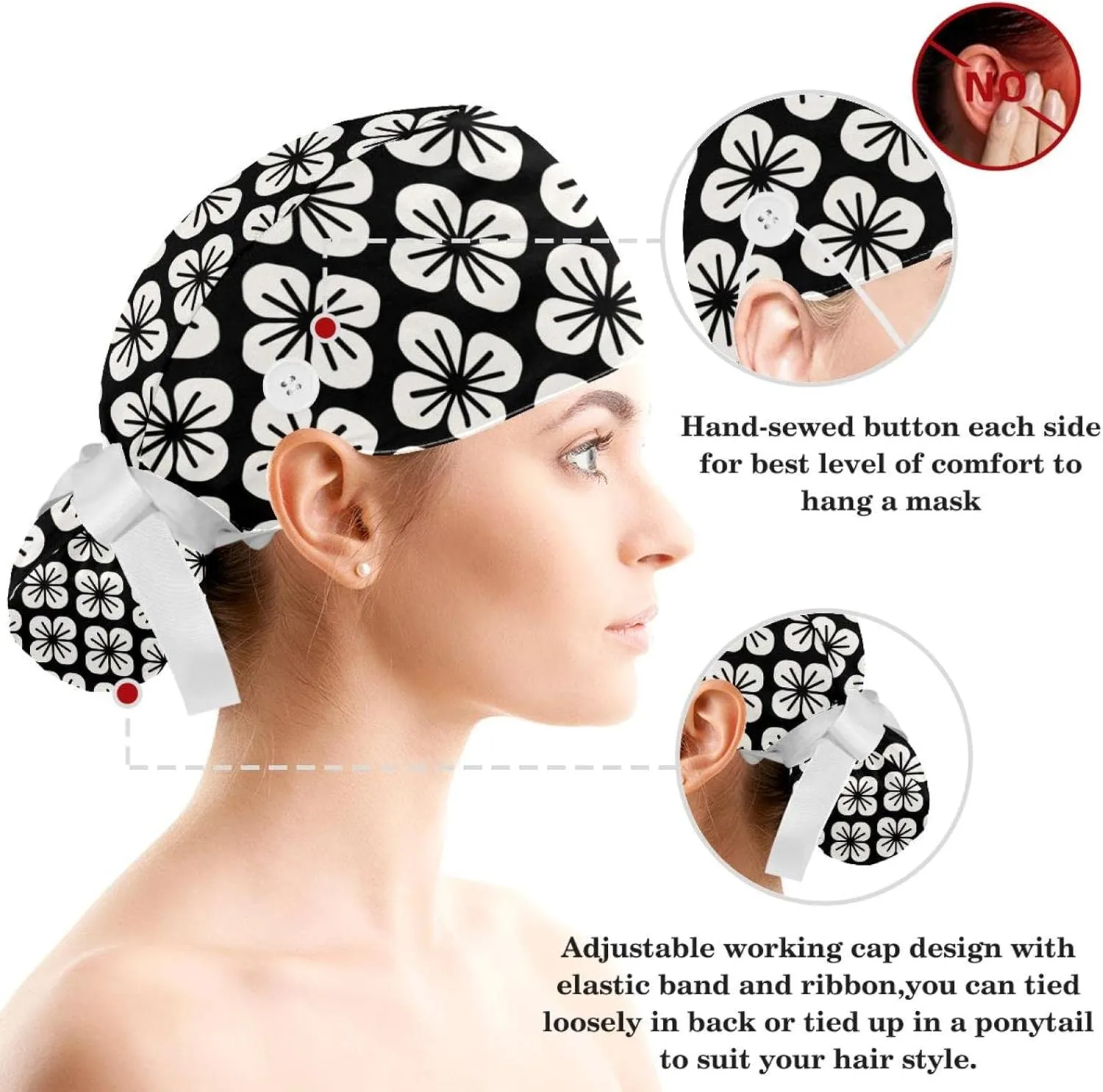 Abstract Glitters Black Scrub Caps Surgical Women with Button Adjustable Hats Surgical Caps with Scrunchie for Women