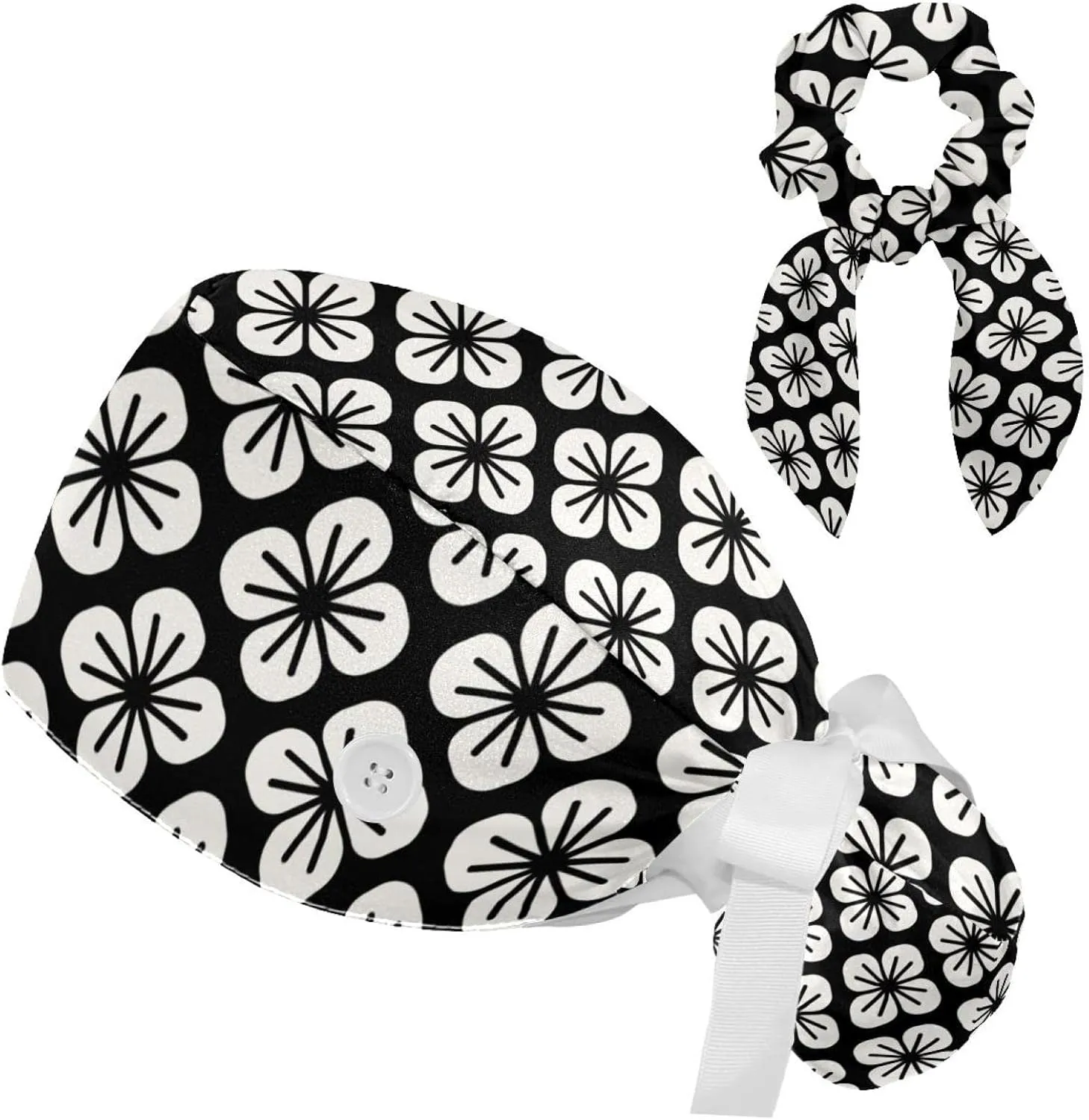 Abstract Glitters Black Scrub Caps Surgical Women with Button Adjustable Hats Surgical Caps with Scrunchie for Women