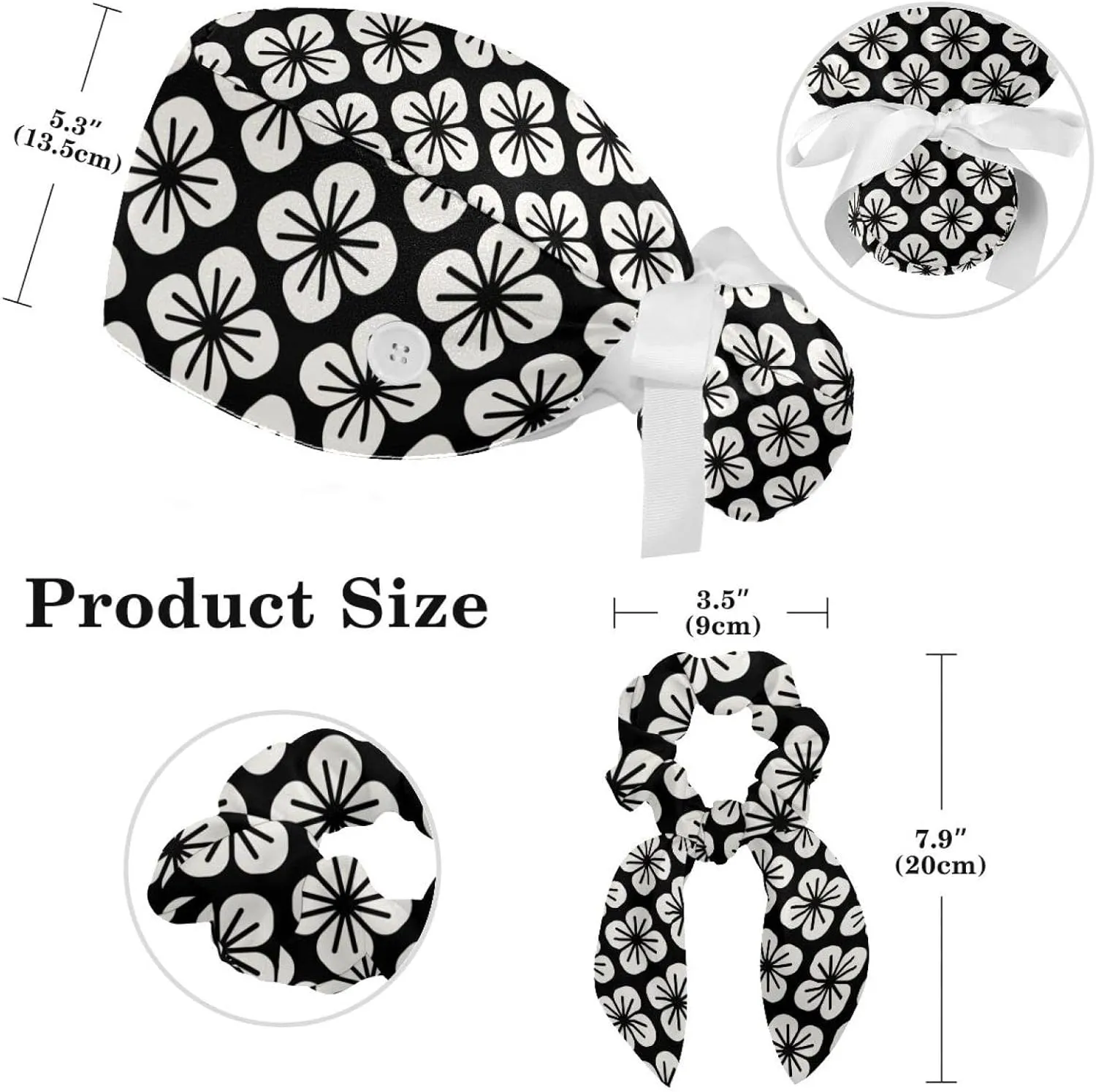 Abstract Glitters Black Scrub Caps Surgical Women with Button Adjustable Hats Surgical Caps with Scrunchie for Women