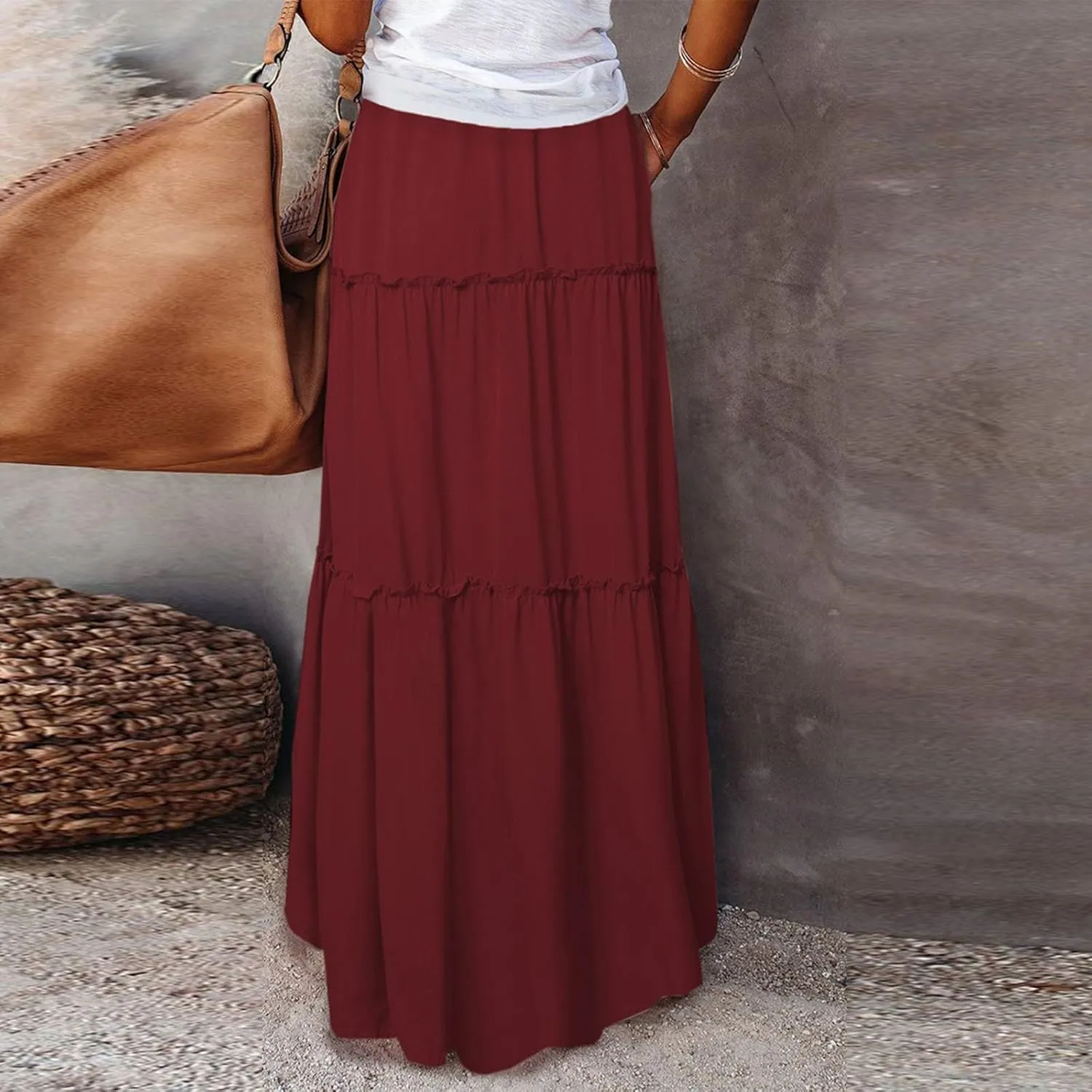 ADHOWBEW Boho Skirts for Women Floral Print African Cotton High Waist Smocked Sexy Beach Skirts
