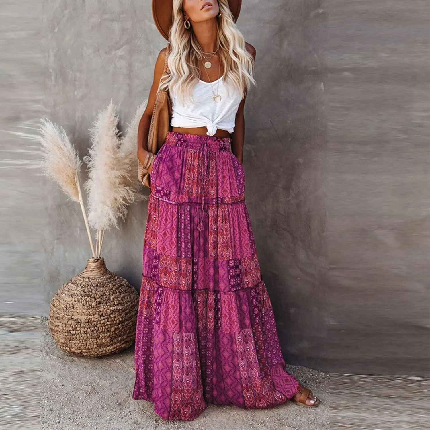 ADHOWBEW Boho Skirts for Women Floral Print African Cotton High Waist Smocked Sexy Beach Skirts
