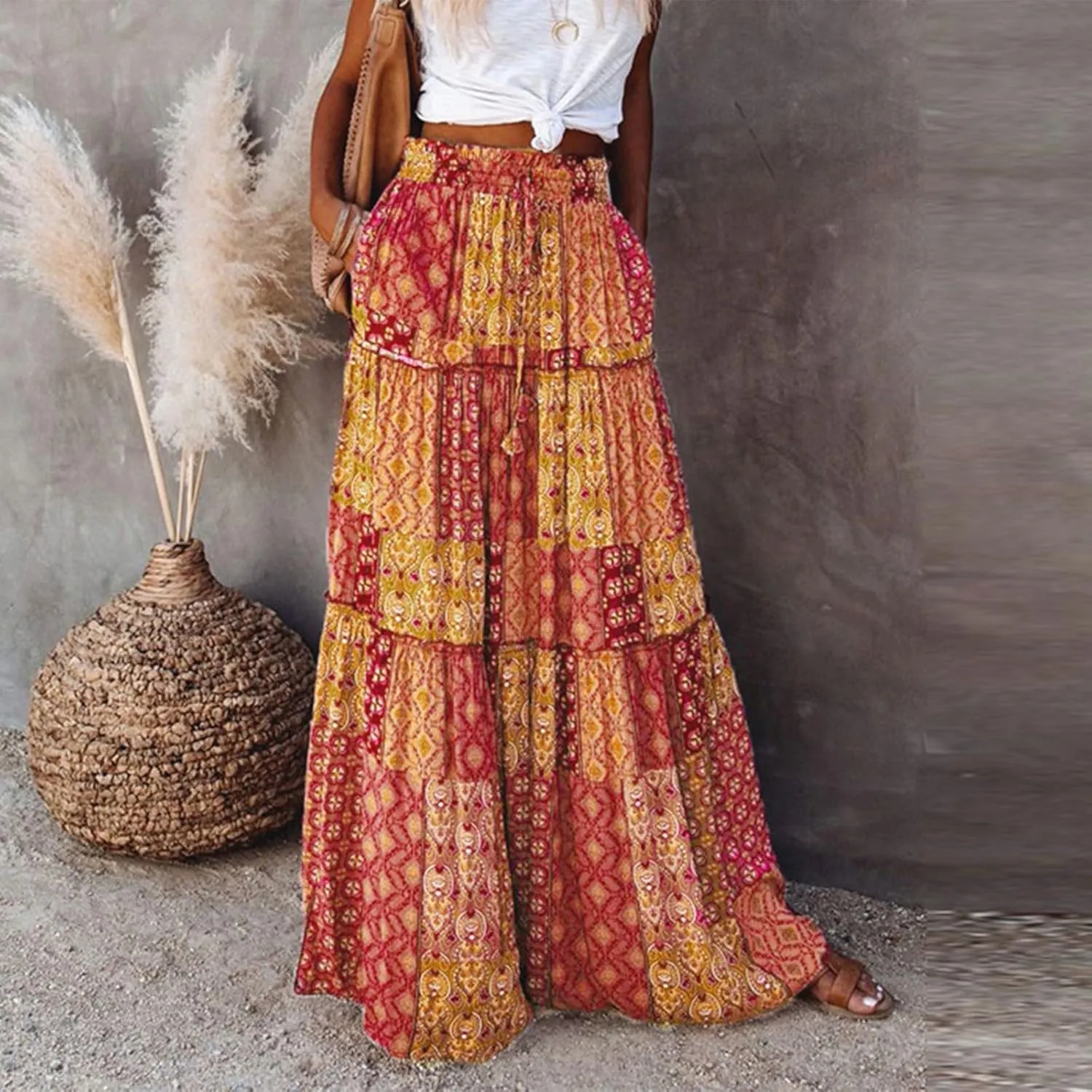 ADHOWBEW Boho Skirts for Women Floral Print African Cotton High Waist Smocked Sexy Beach Skirts