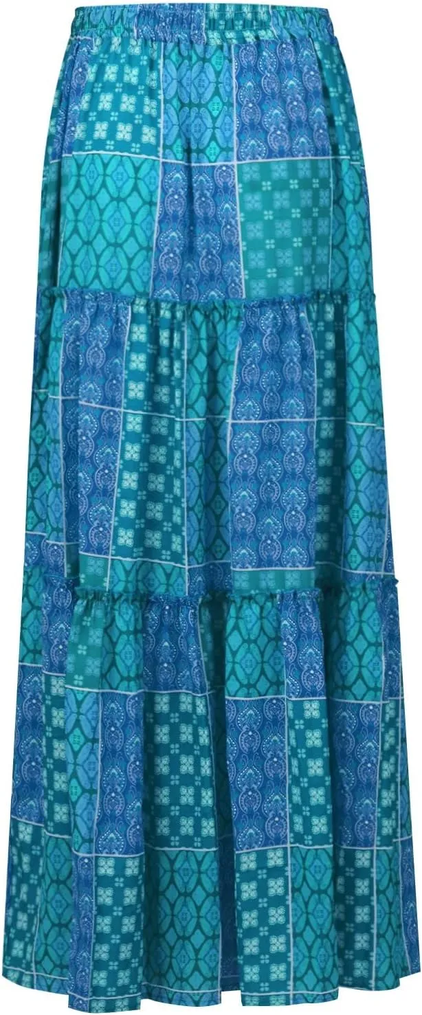 ADHOWBEW Boho Skirts for Women Floral Print African Cotton High Waist Smocked Sexy Beach Skirts