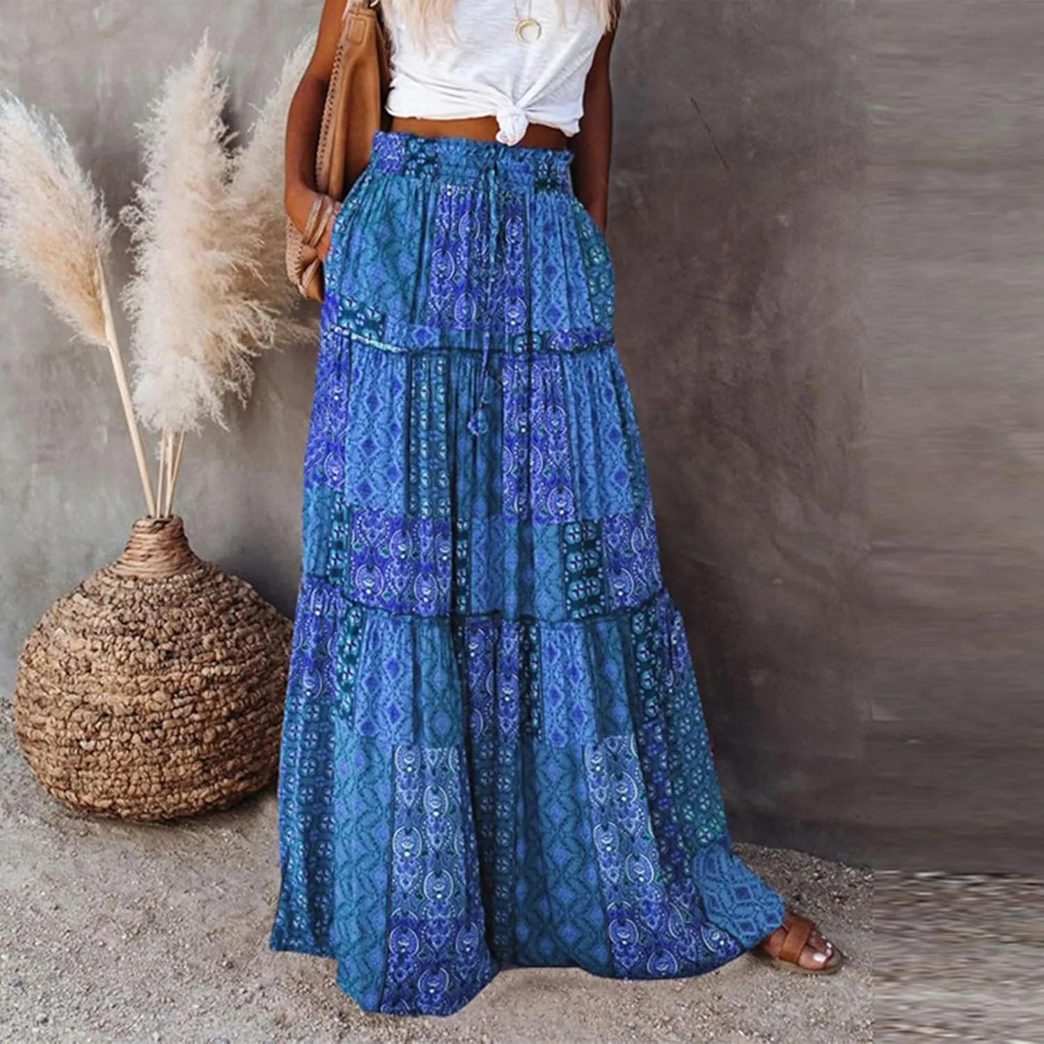 ADHOWBEW Boho Skirts for Women Floral Print African Cotton High Waist Smocked Sexy Beach Skirts
