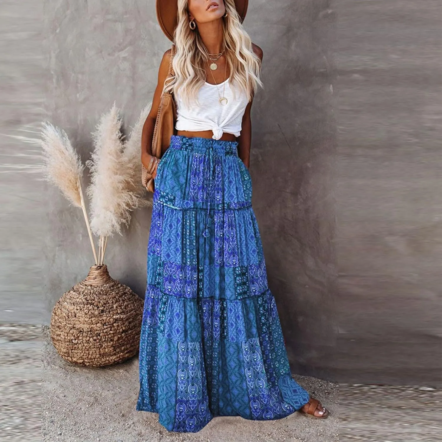 ADHOWBEW Boho Skirts for Women Floral Print African Cotton High Waist Smocked Sexy Beach Skirts