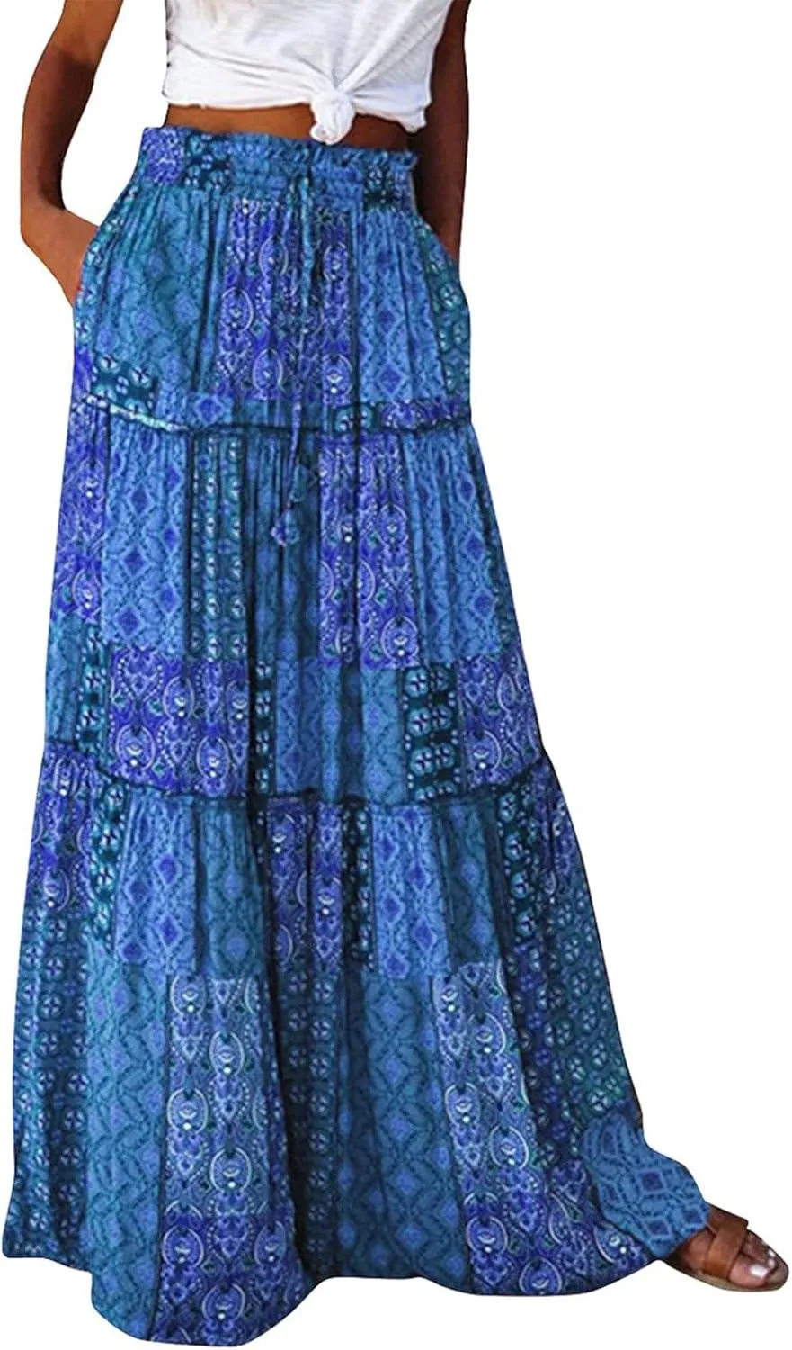 ADHOWBEW Boho Skirts for Women Floral Print African Cotton High Waist Smocked Sexy Beach Skirts
